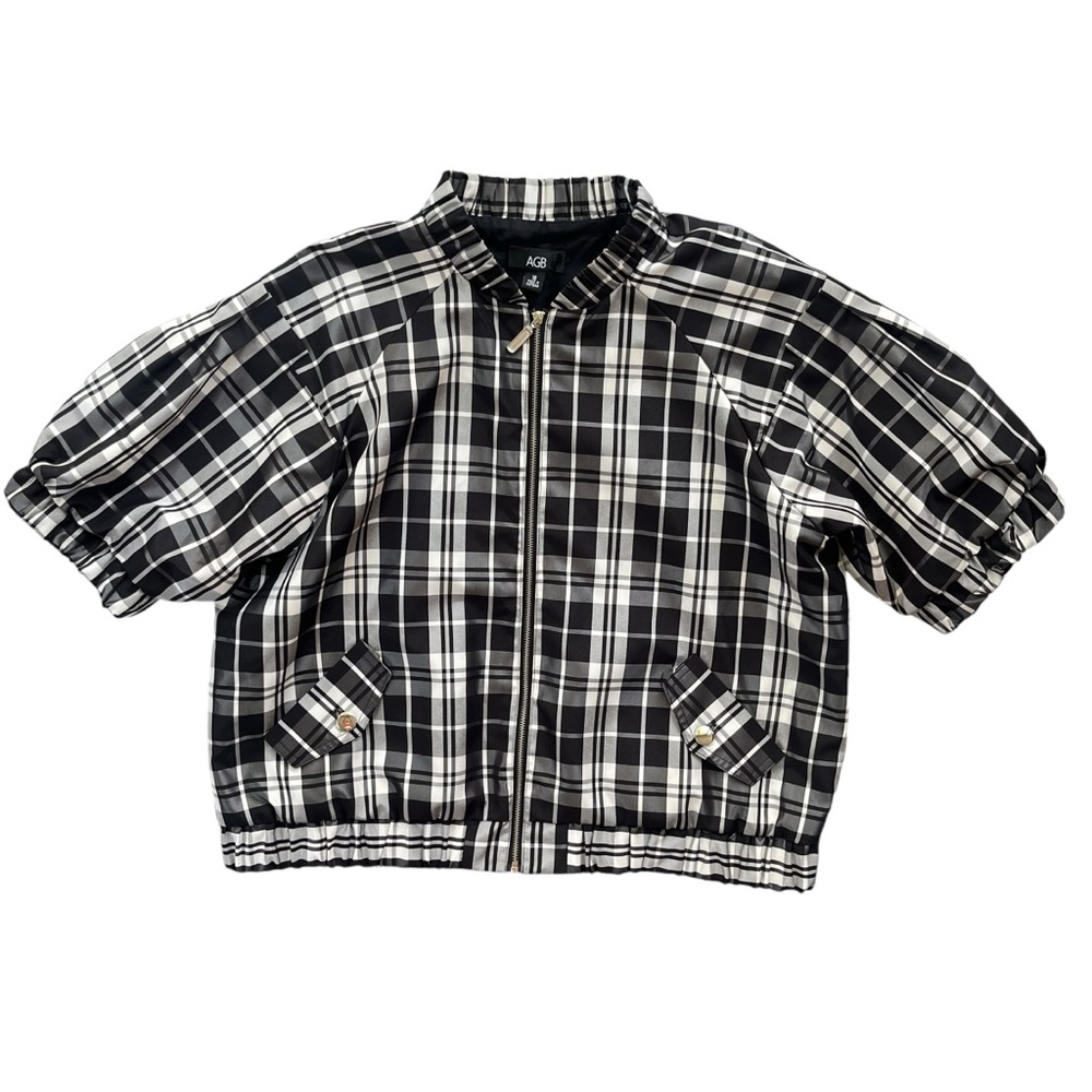 AGB Women’s Size 16 Black & White Plaid Short Puff Shirring Sleeve Zip Up Jacket